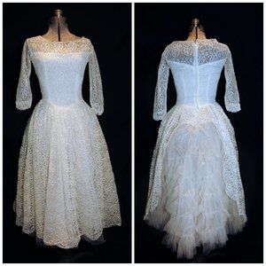 VTG Ivory Lace Wedding Prom Quinceanera Dress XS/S